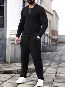 Manfinity Homme Men's Snake Skin Striped Comfortable Fabric Long Sleeve T-Shirt And Drawstring Pants Set, Casual For Vacation, Home, Dining, Party, Versatile, Best Gift For Boyfriend Or Husband, Fall Clothes