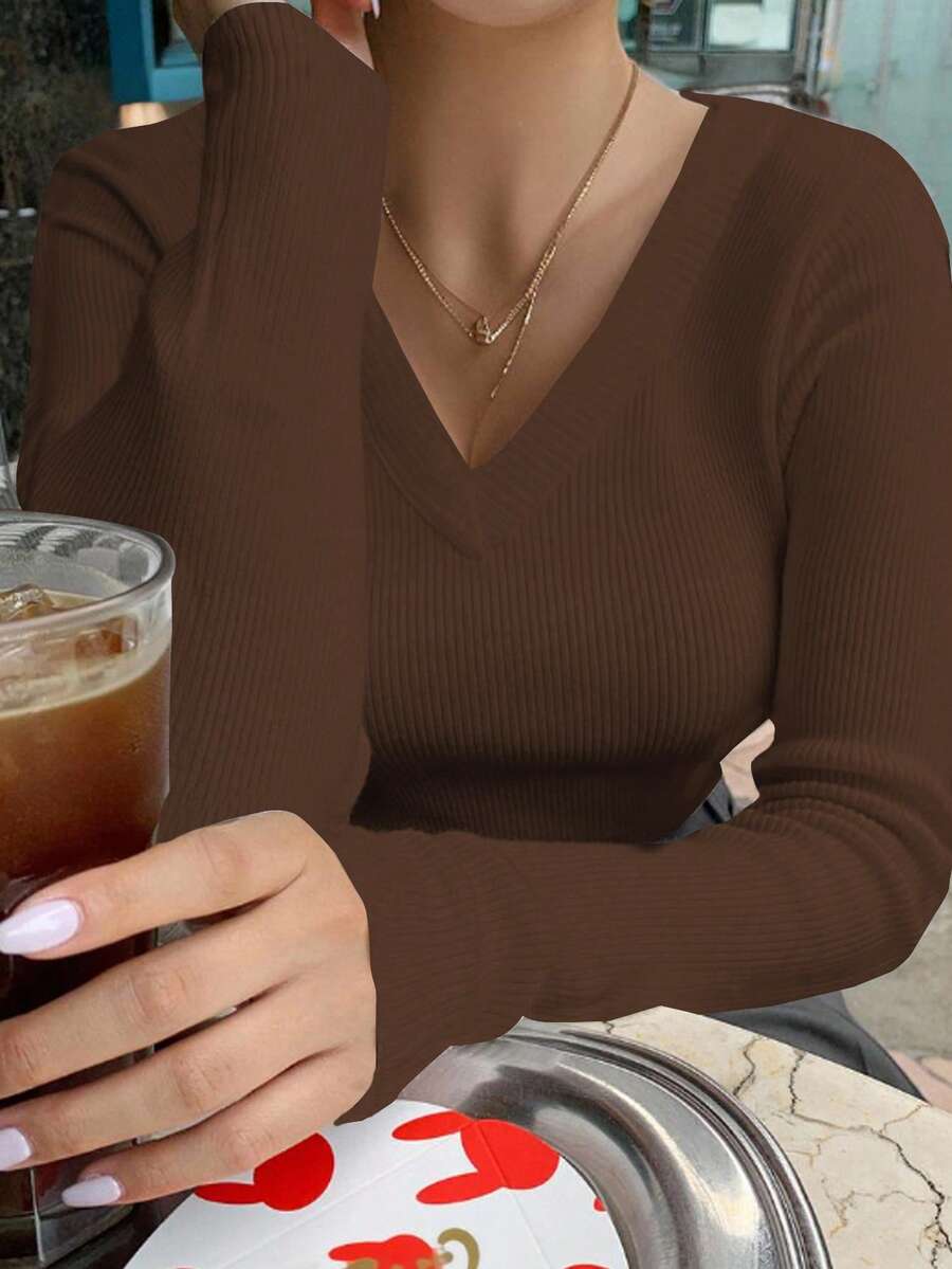 DAZY 休闲商务纯色修身毛衣 - 咖啡棕 - 查看 1