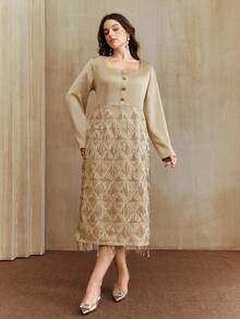 Anewsta New Khaki Plus Size Women's Elegant Patchwork Tassel Fabric Square Collar Chic Slimming New Year Dress - Khaki - View 7