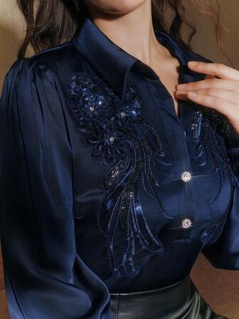 Anewsta Damen Bluse in Große Größen mit Verzierungen und Ballonärmeln, geeignet für Herbst, Winter, Frühling, Neujahr, Partys, Hochzeiten, elegant, schick, stilvoll, business-Lässig