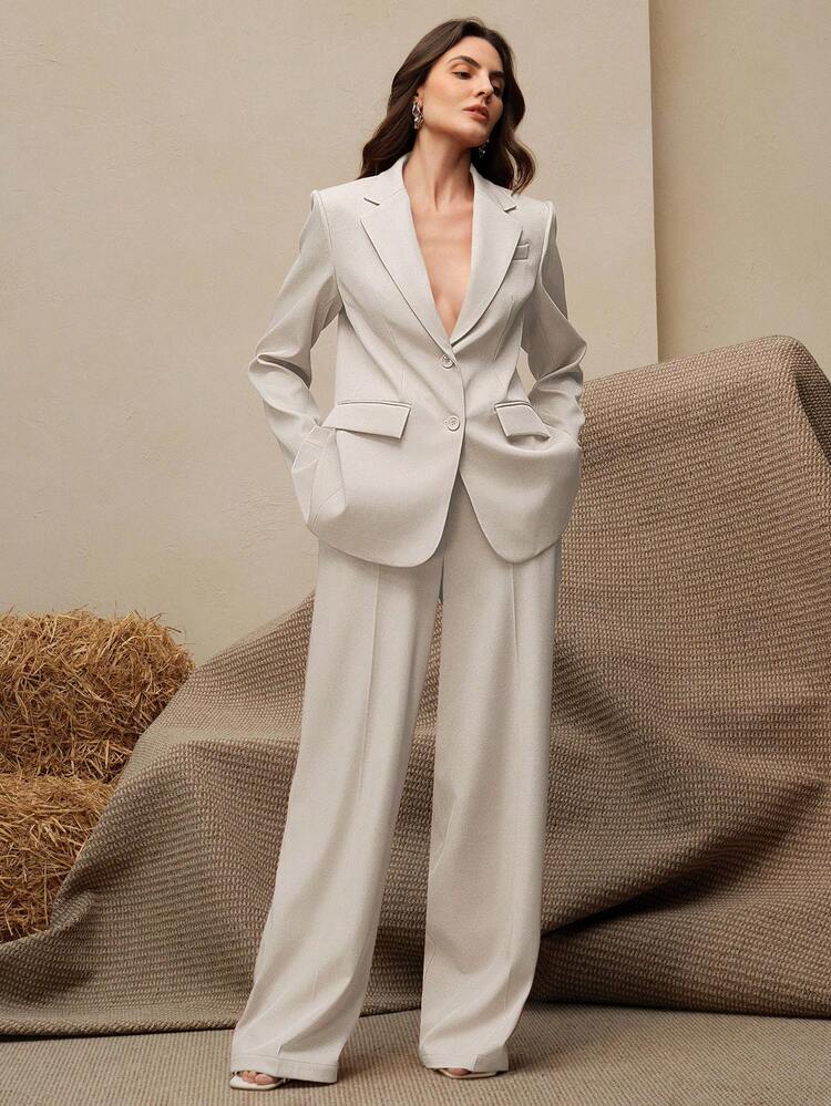 Anewsta Essential Women's Suit Set, Vintage Maillard Color Blazer Jacket + Straight Leg Pants, 2pcs Set, Suitable For Fall, Winter, Summer, New Year, Party, Wedding, Elegant, Chic, Stylish, Christmas, Formal