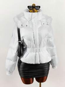 Amplova Women's White Winter Puffer Jacket With Belt,Elegant Casual Hooded Solid Color Long Sleeve Jacket For Thanksgiving,New Year Occasion Clothes - Multicolor - View 5