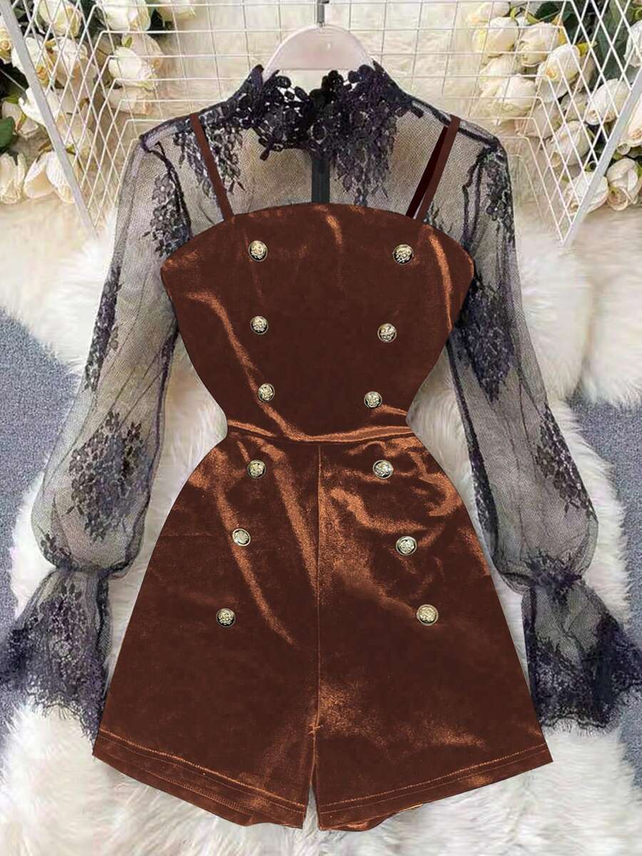 GlowEve 女士优雅蕾丝边长袖连体裤,饰有金色纽扣,合身设计,适合春夏季 - 棕色 - 查看 1