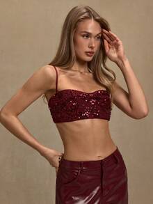 SHEIN BAE 女士细肩带时尚短款性感优雅亮片吊带背心 - 酒紅色 - 查看 6