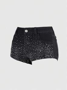 ROMWE Grunge Punk Women's Sexy Super Low Waist Super Skinny Rhinestone Studded Denim Hot Shorts - Black - View 3