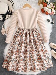 Tween Girls' Floral Print Patchwork Dress With Bow Decor, Autumn - Apricot - View 7