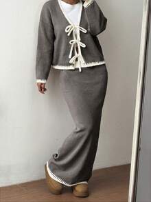 Flirla 2pcs Ombre Bowknot Strap Casual Basic Knit Set, Autumn/Winter - Multicolor - View 5