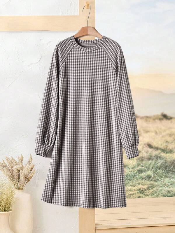 Rusticease Women's Plaid Print Round Neck Casual Long Sleeve Short Dress  Winter Clothes For Women