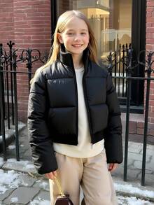 SHEIN Tween Girl 休闲绗缝加厚外套，松紧腰身，宽松版型，舒适适合秋冬日常、通勤、户外、派对、拍照 - 黑色 - 查看 3