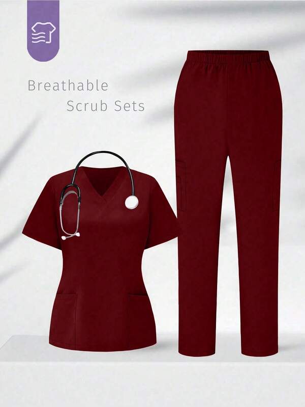 TaskEZ Scrubs Set: V-Neck Short Sleeve Top & Pants Scrub Uniform For Healthcare Workers