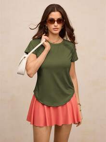 Activina 女式简约圆领插肩袖运动T恤，夏季健身衫