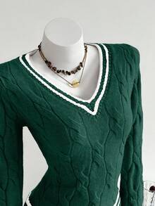 Elamini 休闲百搭拼色条纹扭纹V领毛衣 - 彩色 - 查看 3