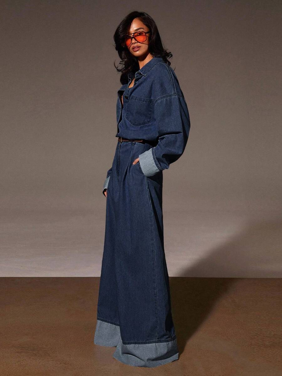 Athîral Denim 女式纯色口袋休闲长袖牛仔连体裤 - 深色水洗藍 - 查看 1