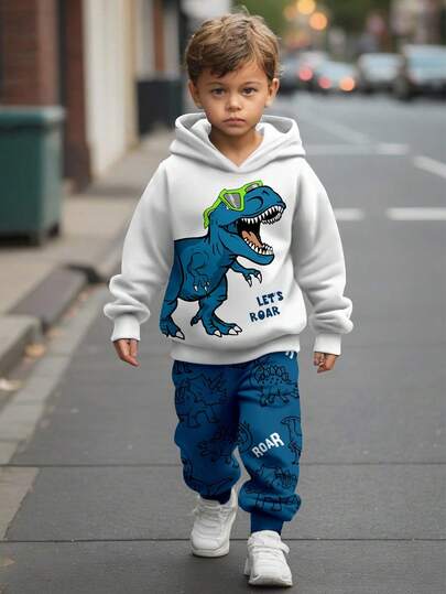 SHEIN 男童休闲宽松舒适卡通动物可爱恐龙运动风涂鸦宽松长袖连帽衫两件套，适合秋冬