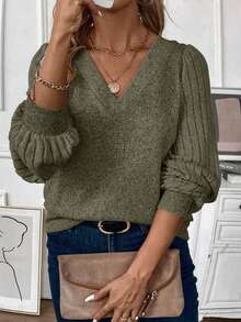 EMERY ROSE Plus Size Women Casual V-Neck T-Shirt, Autumn/Winter - Army Green - View 5
