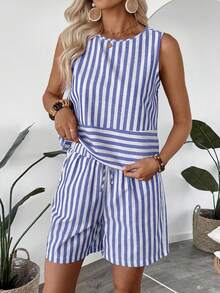 EMERY ROSE 2pcs/Set Women Casual Sleeveless Striped Round Neck Top And Shorts Set, Summer - Blue and White - View 4