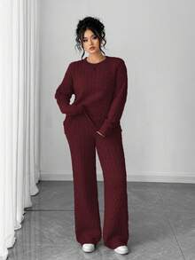 Elenzga Bộ áo len dài tay cài nút đơn giản, thời trang dành cho nữ, trang phục cỡ lớn cho mùa thu/đông - Màu Đỏ Sâu - Xem 6