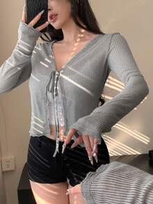 DAZY 女式蕾丝拼布抽绳长袖衬衫，适合秋季、春季和夏季 - 霧霾藍 - 查看 8