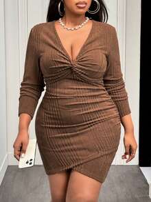 Veslaya Hàng mới về Thu/Đông, thanh lịch, phù hợp mặc hàng ngày, đi chơi, hẹn hò và ở nhà, đầm ngắn màu nâu trơn ôm sát, cổ chữ V, tay dài, xoắn phía trước, vạt xếp ly bất đối xứng, chất vải mềm mại, thích hợp cho dịp Lễ Tạ ơn. - màu nâu - Xem 7