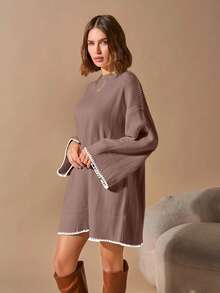 SHEIN Pullover Bege Long Sweater With Hem And Sleeve Detail+320 - Dusty Pink - View 7