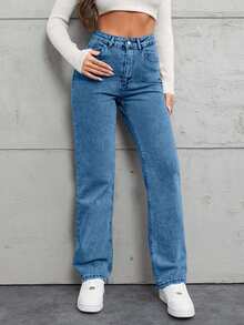 SHEIN Tall 高码100%纯棉斜口袋直筒牛仔裤 - 中等水洗藍 - 查看 4