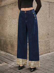 SHEIN LUNE Women's Casual Straight Leg Zipper Fly Jeans - Dark Wash - View 3