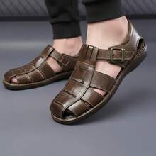 Sandalia artesanal para hombre – cuero genuino con hebilla, punta redonda y estilo retro casual - Marrón - Ver 2