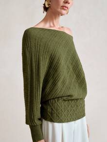 SHEIN Stylify Elegante suéter de cuello redondo con mangas de murciélago a rayas verdes, adecuado para el transporte en otoño/invierno - Verde - Ver 4