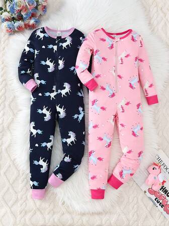 2pcs/Set Young Girl' Minimalist Unicorn Print Long Sleeve Jumpsuit & Bodysuit Pajama Set Toddler Girl Pajama Sets Snug Fit
