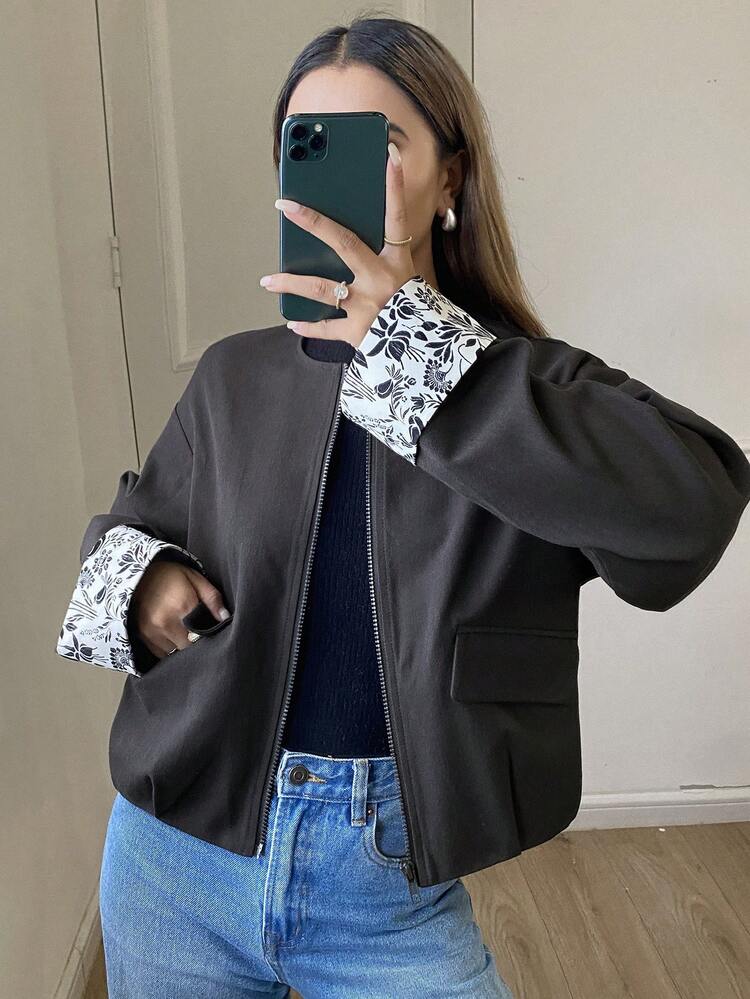 Women's Casual Elegant Loose Solid Color Round Neck Zipper Patchwork Lace Jacket, Autumn/Winter