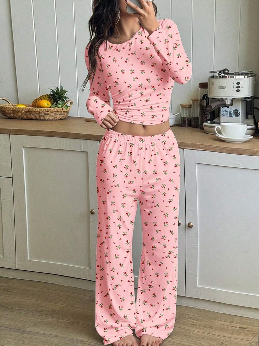 SHEIN Leap Crew 2 件套复古甜美碎花休闲学院风宽松芭蕾舞圆领长袖 T 恤和裤子睡衣套装,少女 - 彩色 - 查看 1