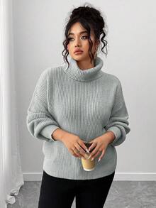 Elenzga 大码女式休闲日常通勤简约纯色高领落肩宽松套头毛衣，秋冬 - 淺灰色 - 查看 6
