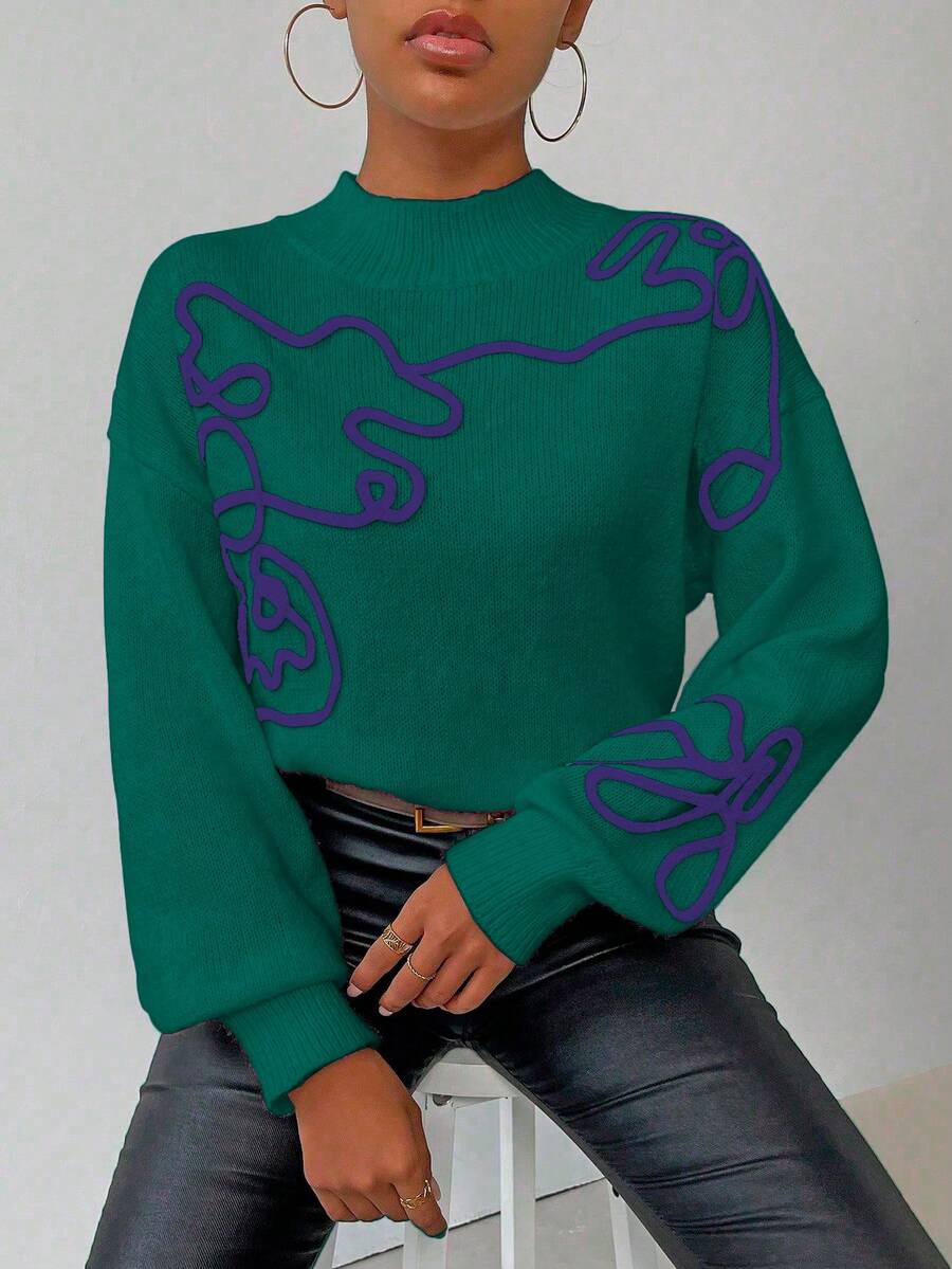SHEIN LUNE 女士休闲 3D 图案毛衣，秋冬 - 墨綠色 - 查看 1