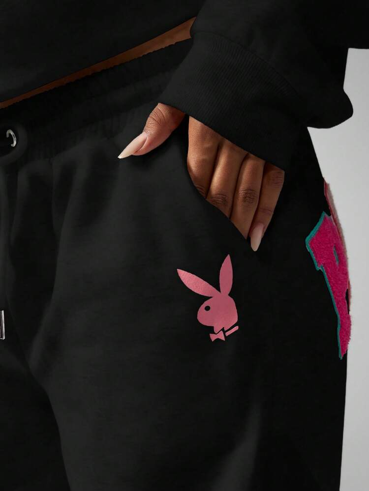 Missguided x Playboy Wide Leg Sweatpants With Colorful Applique Patches And Drawstring Waist For Women