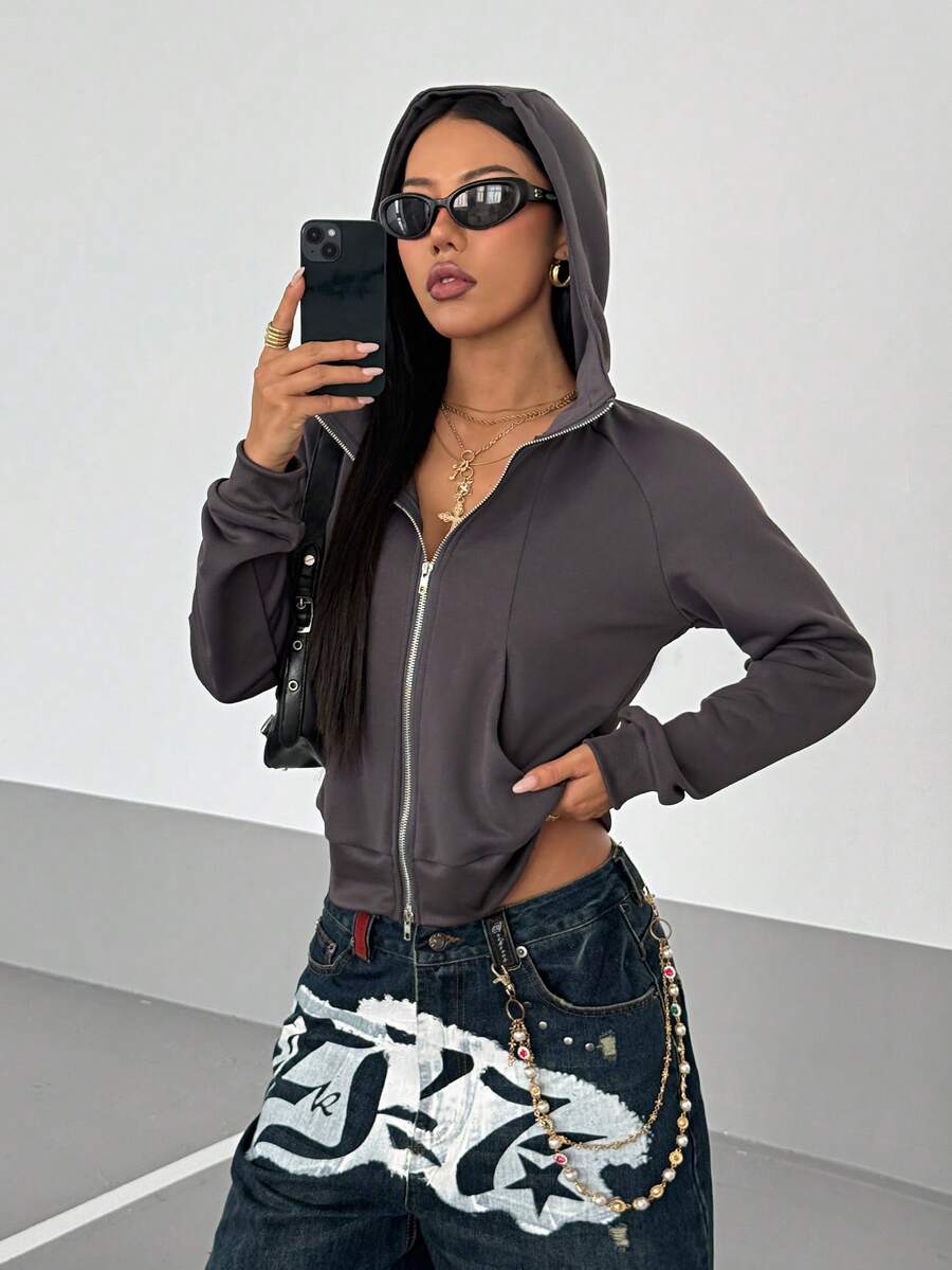 StreetHx 复古美式设计休闲女式深灰色连帽运动衫夹克，秋季 - 灰色 - 查看 1