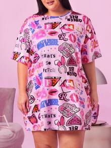 Mean Girls | SHEIN 大码全印花睡衣连衣裙，哞哞睡裙 - 粉色 - 查看 3