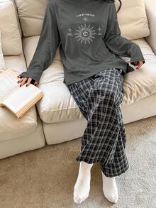 DAZY 2件套女士宽松舒适印花长袖T恤和格子裤睡衣套装，冬季服装 - 深灰色 - 查看 4
