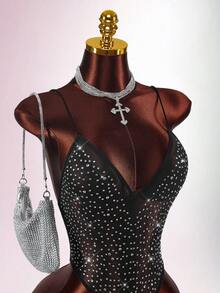 Y2K Amplova Women's Christmas Rhinestone Glitter Backless Sheer Sexy Black Bodysuit For Party, Autumn/Winter Thanksgiving And New Year - Black - View 5