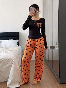 SHEIN 蝴蝶结爱心罗纹圆领长袖上衣和裤子休闲女式睡衣套装，冬季服装 - 黃色 - 查看 2