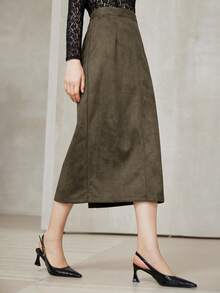 Aveloria Modichic Elegant, High-Quality Suede Midi Skirt, Versatile For Commuting - Olive Green - View 3