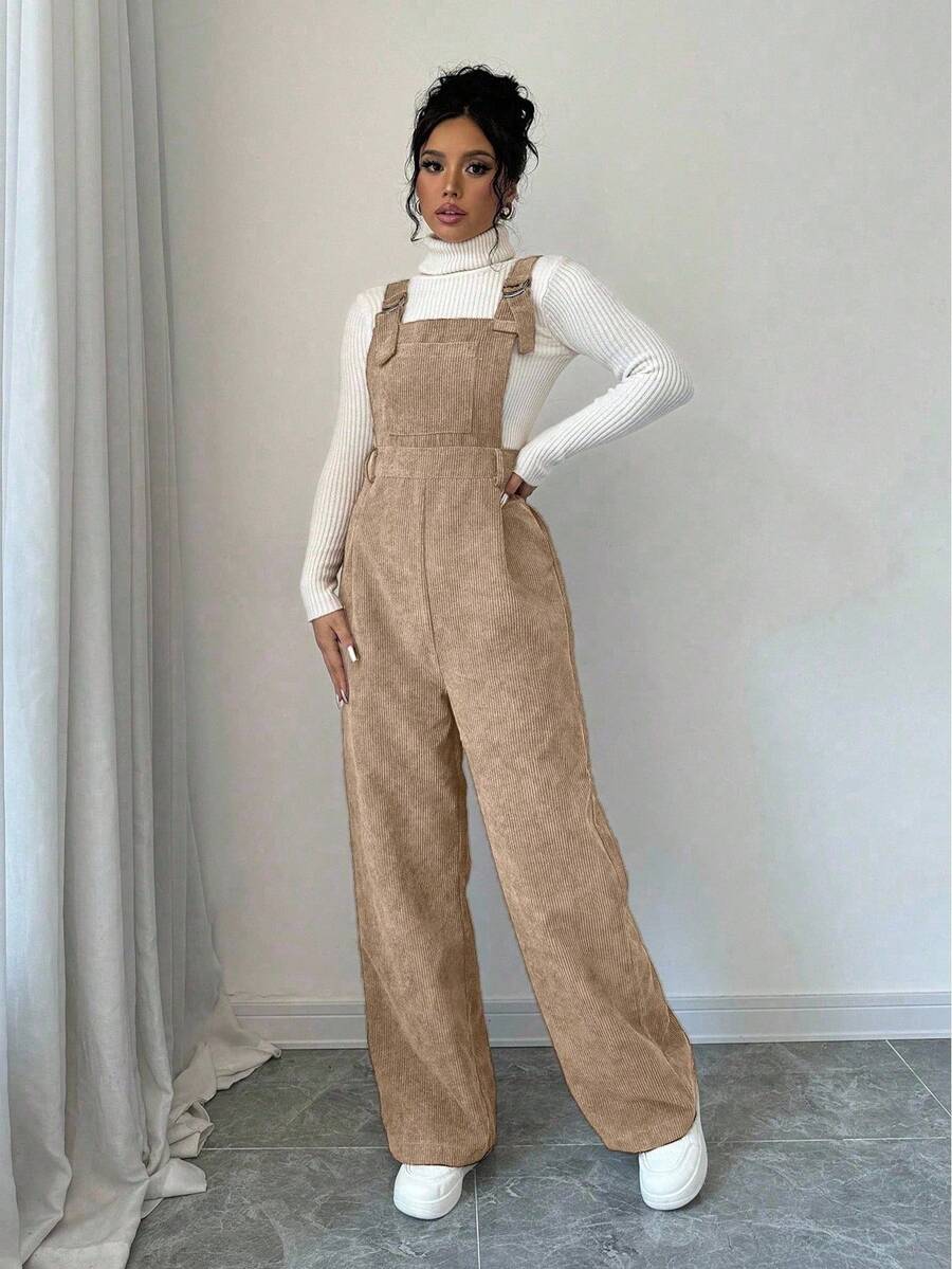 Elenzga Women's Solid Color Casual Corduroy Jumpsuit, Autumn/Winter - Khaki - View 1