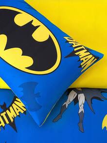 BATMAN X SHEIN 3pcs Blue Bat Cartoon Pattern Quilt Cover Set, Sanded Material, Soft And Warm, Multiple Sizes, Suitable For Single Bed/Double Bed/Queen Bed/King Bed