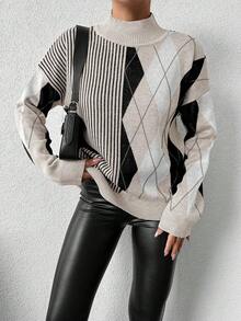 SHEIN Cottnline Women's Stand Collar Geometric Striped Drop Shoulder Sweater - Multicolor - View 5
