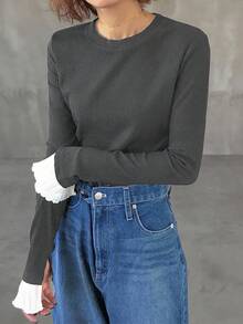 FRIFUL 女式黑色圆领长袖罗纹面料撞色褶皱喇叭袖口修身百搭 T 恤，秋季