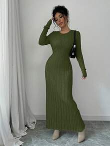 Rafferiza Váy dệt kim dài tay cổ tròn màu trơn dành cho nữ, thu/đông - xanh quân đội - Xem 8