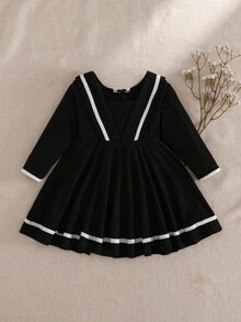 Souflis Souflis Vestido de punto elástico de tela minimalista y elegante con cuello de muñeca linda para niñas pequeñas, decoración de lazo a contraste en rayas negras, adecuado para primavera, verano, otoño, fiestas, sesiones de fotos, escuela, salidas, 3M-3A