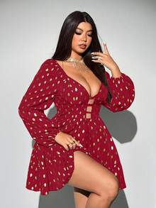 Viva Relle 大码女式金属波点印花灯笼袖镂空性感派对连衣裙，优雅 - 紅色 - 查看 2