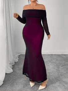 Cravure Plus Size Women's Elegant Black Off Shoulder Contrast Color Fitted Waist Dress - Black - View 3