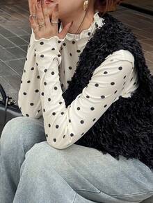 FRIFUL 女士网纱透视高领T恤，夏季长袖透视上衣 - 杏色 - 查看 3