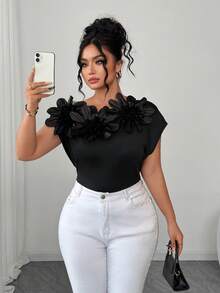 Elenzga Elegante Bluse mit 3D Blumen Dekor für Damen in Große Größen, asymmetrischer Kragen, Bluse mit schräger Schulter und 3D Blumen Dekor, asymmetrischer Kragen, elegante Einfarbige Bluse - Schwarz - Übersicht 7